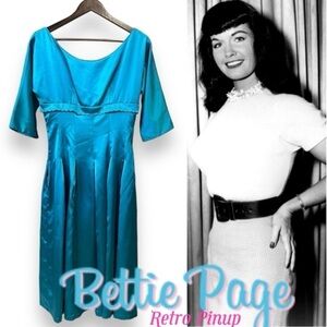 Bettie Page emerald green retro glam pinup dress, boat neck, knee length, sz M